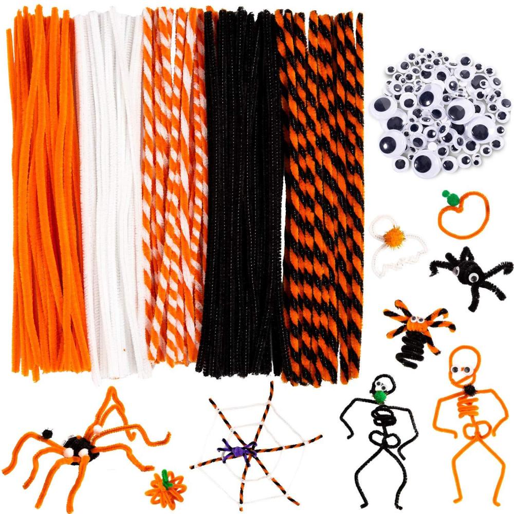 imageWhaline 450Pcs Halloween Pipe Cleaners Set Includes 5 Colors Chenille Stems 5 Sizes Wiggle Googly Eyes 4 Sizes Pompoms for Halloween Party DIY Art Craft Supplies Black Orange White