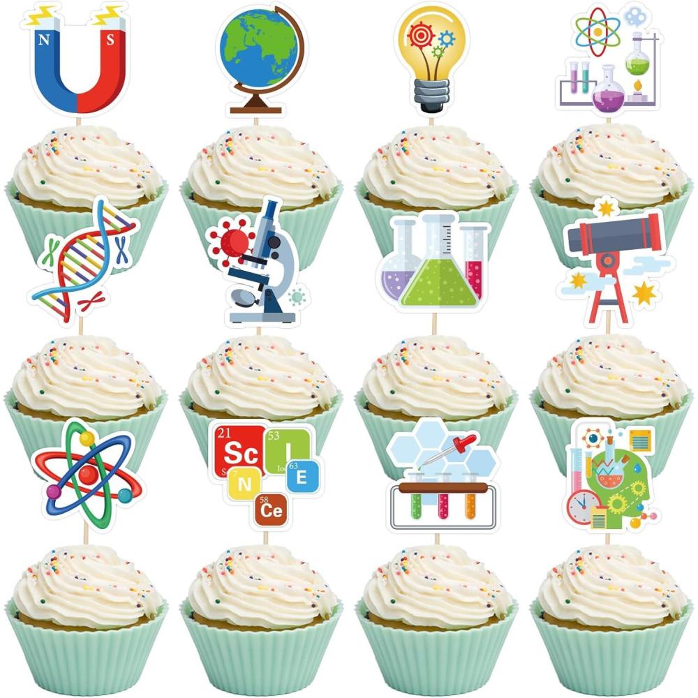 imageWhaline 48Pcs Science Party Cupcake Toppers Cartoon Cupcake Dessert Topper Picks Cupcake Decoration for Baby Shower Birthday Party Decoration Supplies