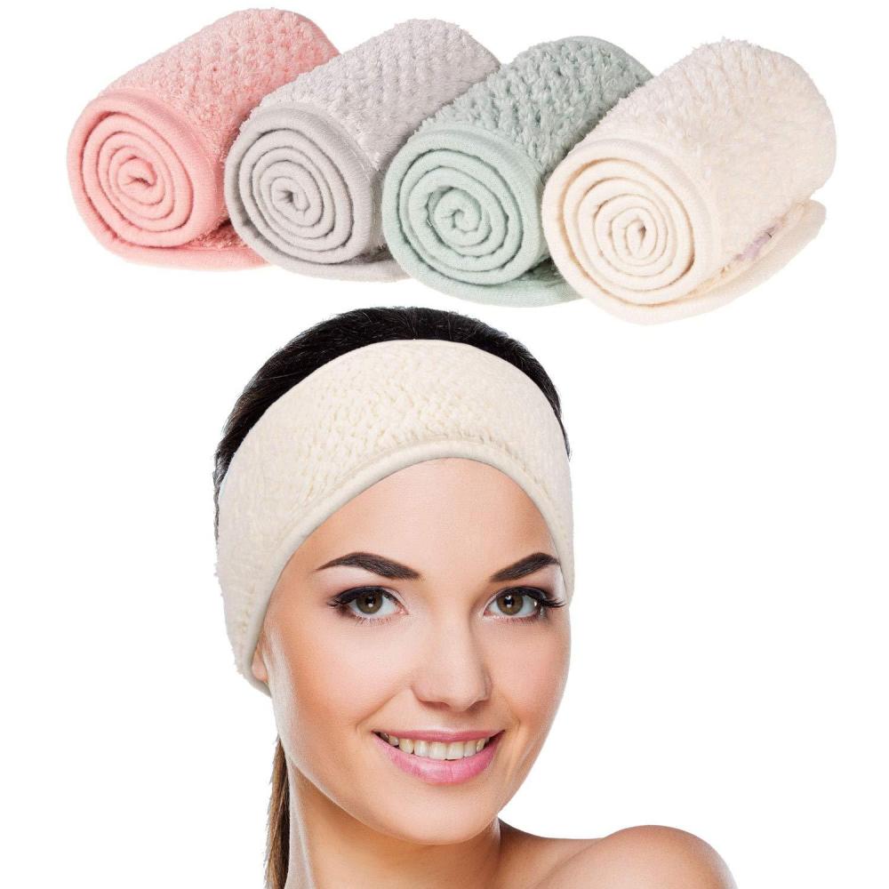 imageWhaline 4Pcs Spa Facial Headband Super Absorption Makeup Hair Wrap Adjustable Coral Fleece Hair Band Soft Towel Head Band for Face Washing Shower SportsPea Green Pink Beige Light Gray