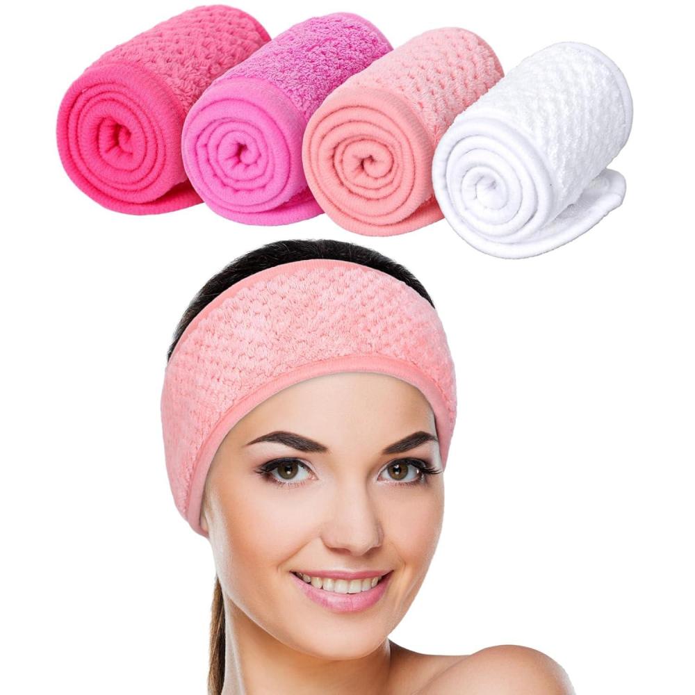imageWhaline 4Pcs Spa Facial Headband Super Absorption Makeup Hair Wrap Adjustable Coral Fleece Hair Band Soft Towel Head Band for Face Washing Shower SportsWhite Pink