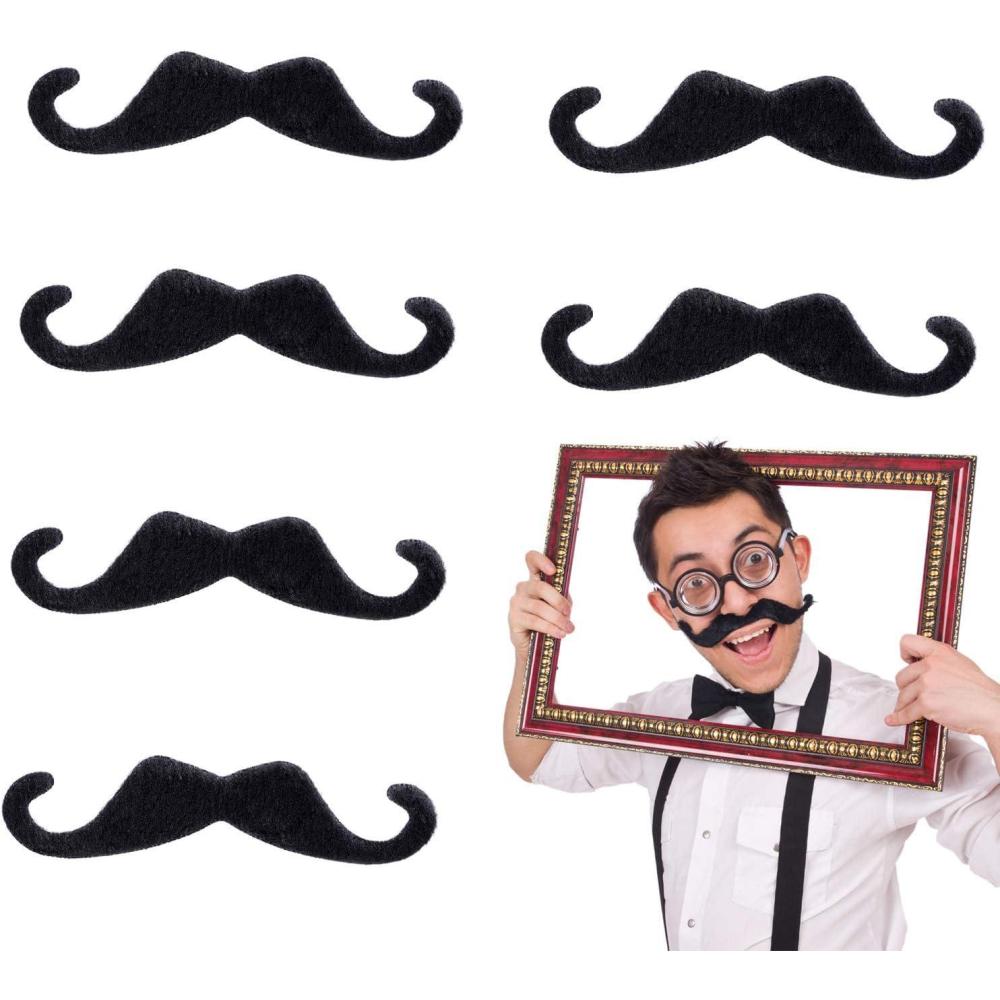 imageWhaline 5 Inch Large Self Adhesive Fake Mustaches Novelty Black Mustache for Masquerade Costume Party 6 Pieces