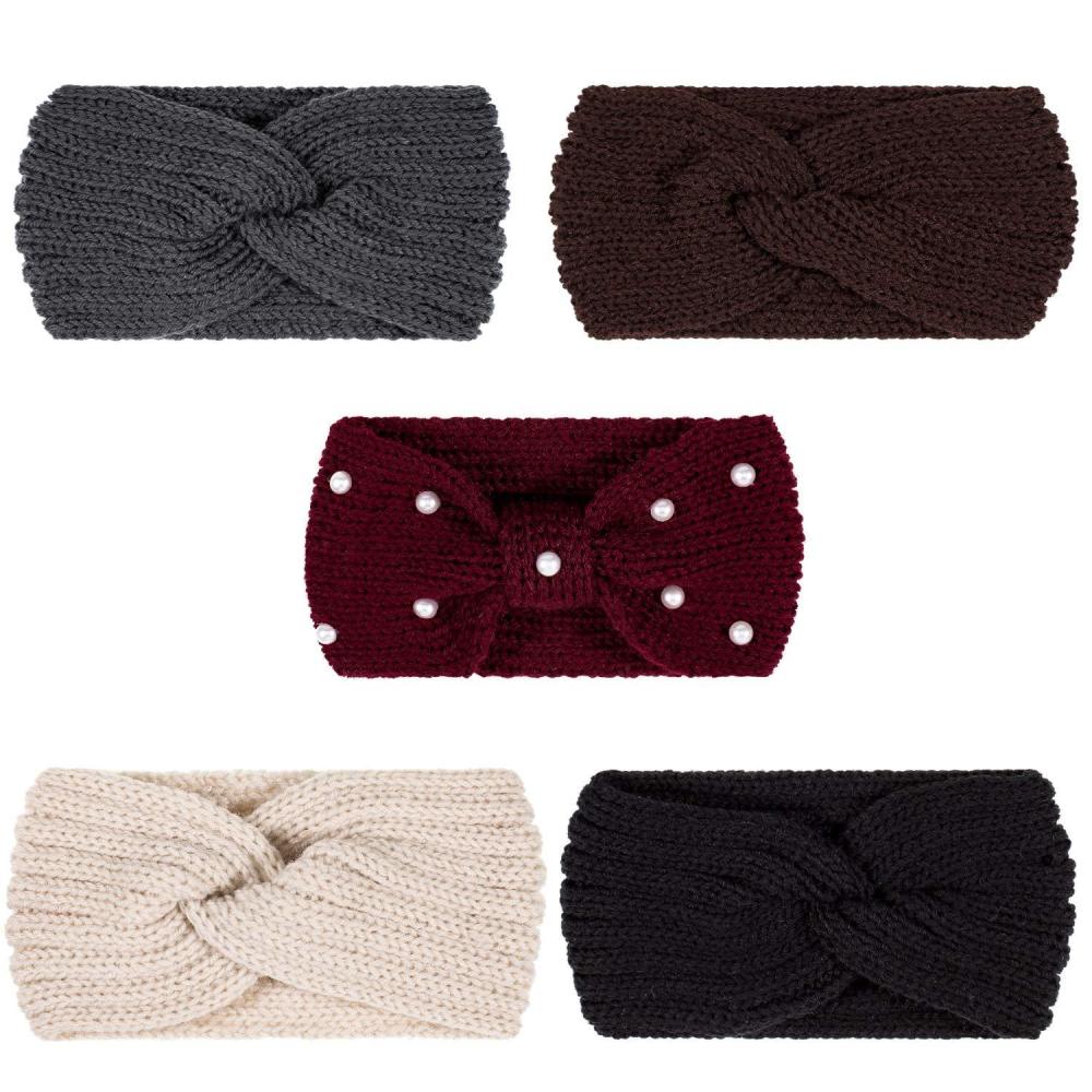 imageWhaline 5 Pieces Winter Knit Headbands Chunky Knit Headbands4 Elastic Turban Head Wraps and 1 Pearl Crochet Hair Band Ear Warmer Crochet Head Wraps for Women Girls AutumnampampWinter ColorsAutumnWinter Colors