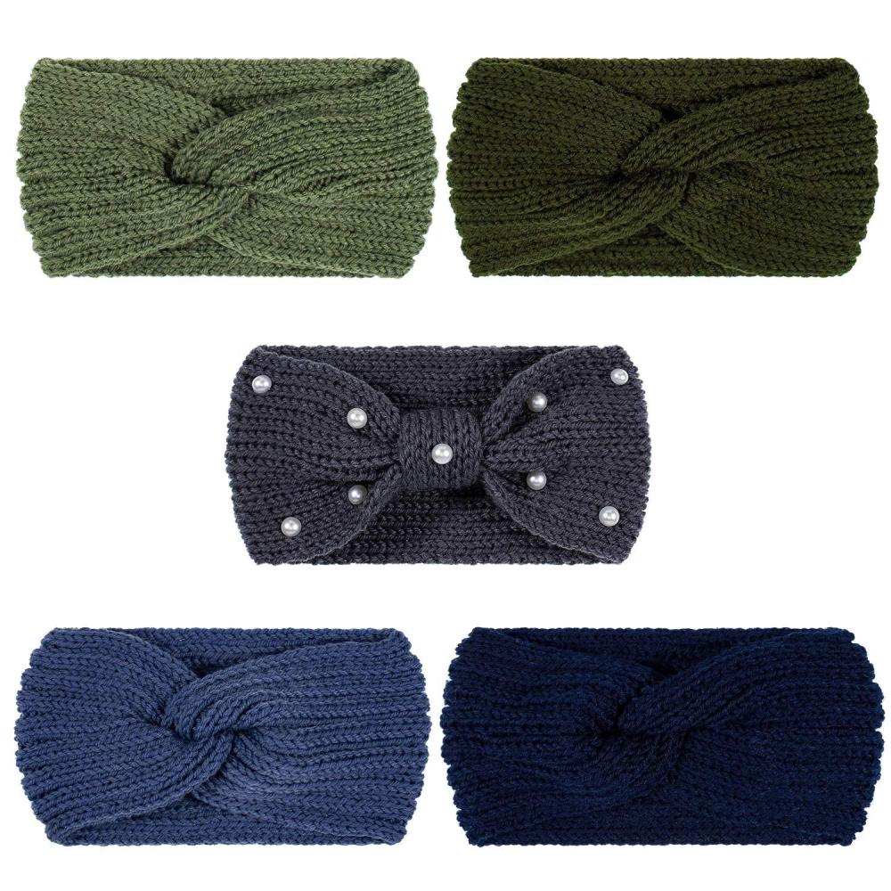 imageWhaline 5 Pieces Winter Knit Headbands Chunky Knit Headbands4 Elastic Turban Head Wraps and 1 Pearl Crochet Hair Band Ear Warmer Crochet Head Wraps for Women Girls AutumnampampWinter ColorsBlue Green