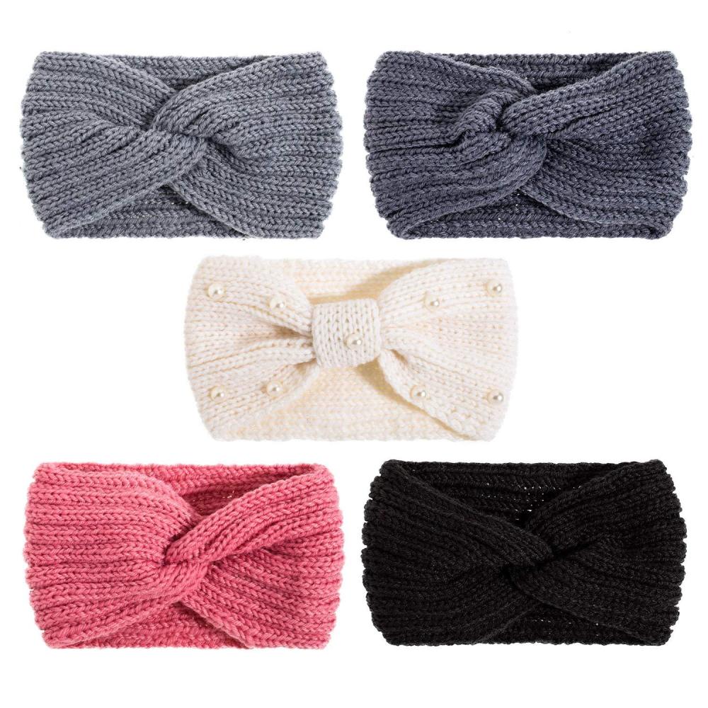 imageWhaline 5 Pieces Winter Knit Headbands Chunky Knit Headbands4 Elastic Turban Head Wraps and 1 Pearl Crochet Hair Band Ear Warmer Crochet Head Wraps for Women Girls AutumnampampWinter ColorsBlue Pink Colors