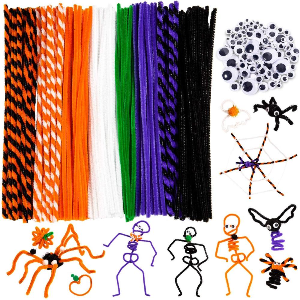 imageWhaline 500Pcs Halloween Pipe Cleaners Set Includes 8 Colors Chenille Stems 5 Sizes Wiggle Googly Eyes 4 Sizes Pompoms for Halloween Party DIY Art Craft Supplies Black Orange White Purple Green