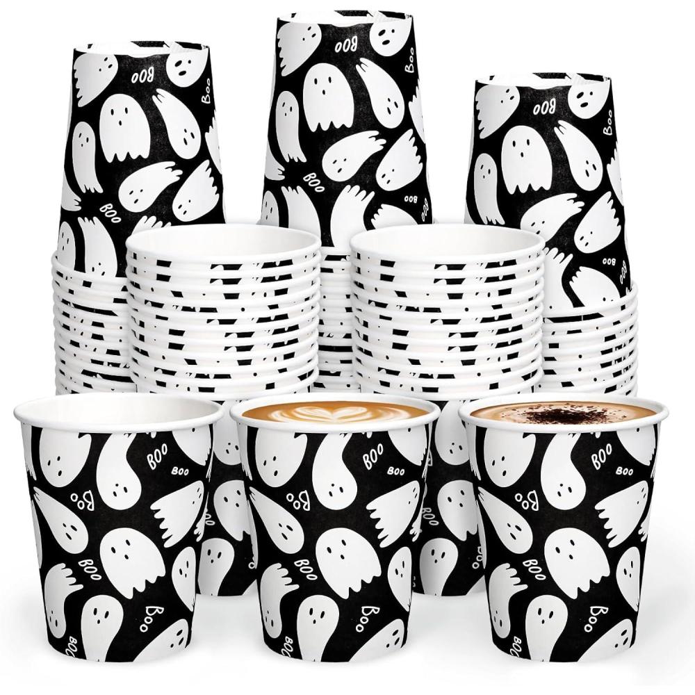imageWhaline 50Pcs 12oz Halloween Ghost Paper Cups Pink Cute Ghost Boo Disposable Cups for Hot Cold Drinks Halloween Birthday Baby Shower Party Table SuppliesBlack