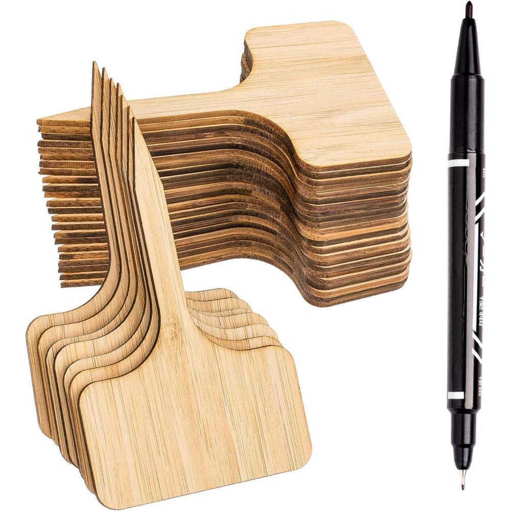 imageWhaline 50Pcs Bamboo Plant Labels with A Marker Pen TType Wooden Plant Sign Tags Garden Markers for Seed Potted Herbs Flowers Vegetables6 x 10 cm