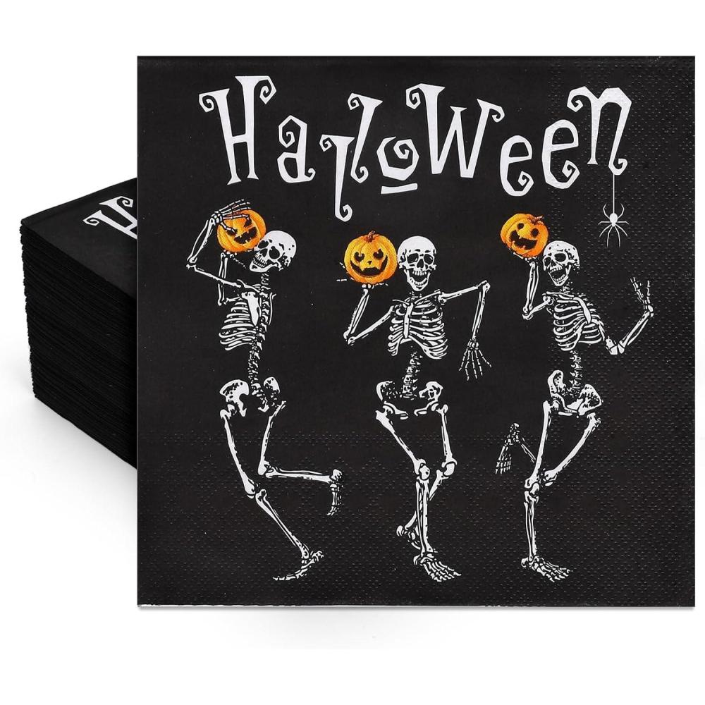 imageWhaline 50Pcs Halloween Skull Paper Napkins Dancing Skeleton Pumpkin Black Disposable Luncheon Dinner Table Napkins for Holiday Trick or Treat Party Decor SuppliesSkull