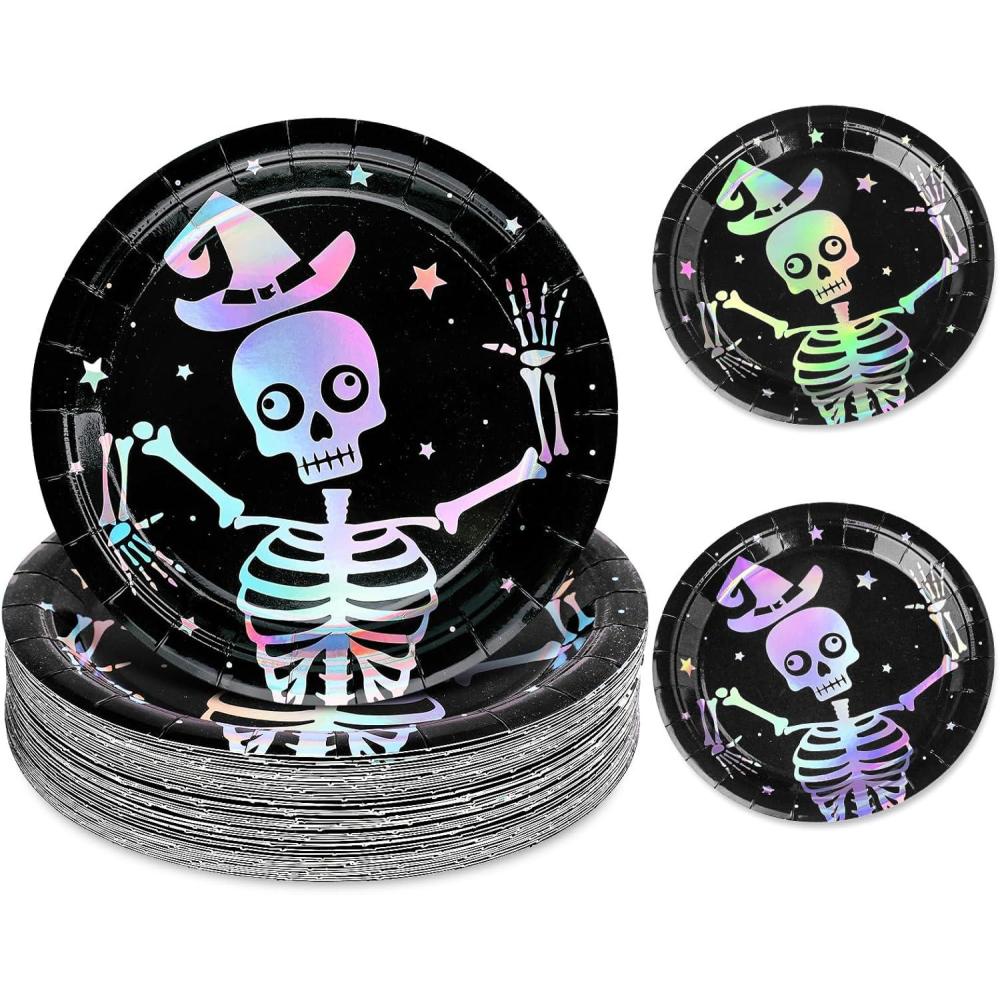 imageWhaline 50Pcs Iridescent Halloween Black Disposable Party Plates Silver Laser Ghost Paper Plates ColorChanging Holographic Dinner Plates for Spooky Kitchen Supplies 9 InchSkeleton