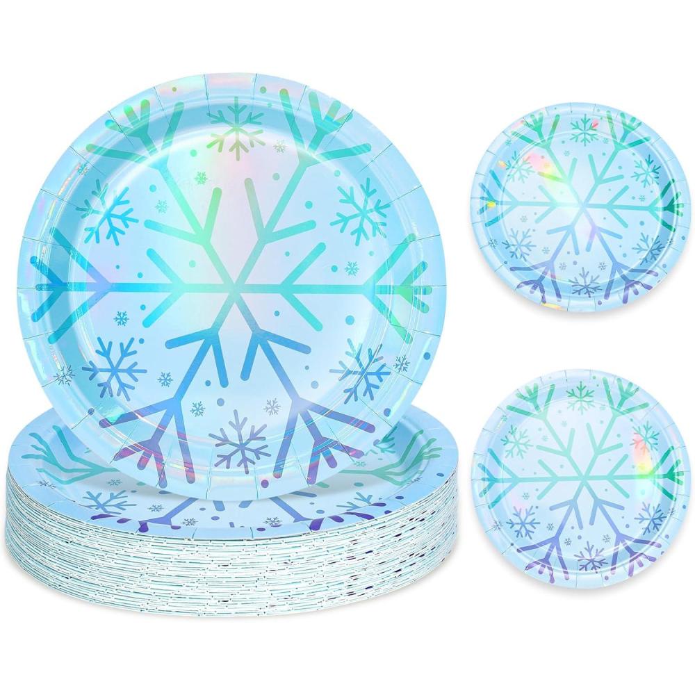 imageWhaline 50Pcs Iridescent Halloween Black Disposable Party Plates Silver Laser Ghost Paper Plates ColorChanging Holographic Dinner Plates for Spooky Kitchen Supplies 9 InchSnowflake