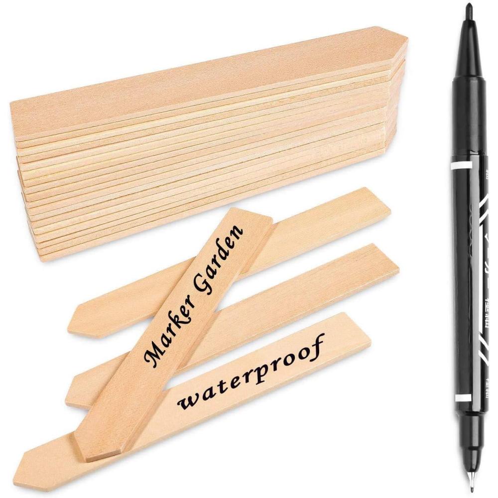 imageWhaline 50Pcs Wooden Plant Labels with A Marker Pen Waterproof Pointed Wooden Plant Sign Tags EcoFriendly Garden Markers for Seed Potted Herbs Flowers Vegetables 15 x 2 cm