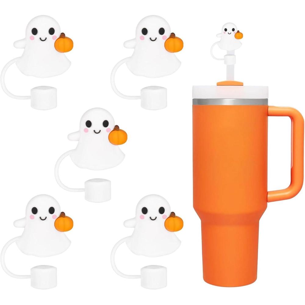 imageWhaline 5Pcs Halloween Straw Covers Cap Grimace Pumpkin Silicone Reusable Straw Topper Pink 10mm04In Straws Lids Protectors for 3040 OZ Tumbler Cups AccessoriesGhost with Pumpkin