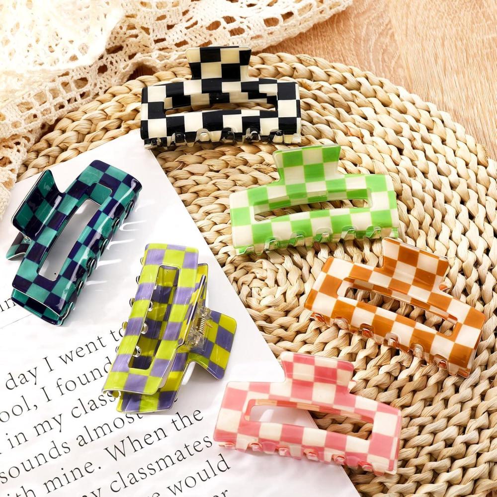 imageWhaline 6 Pack Checkered Hair Claw Clips Strong Hold Rectangle Hair Claw Multicolored Plaid NonSlip Catch Hair Clips Jumbo Hair Styling Accessories for Women Girls Thin Thick Hair