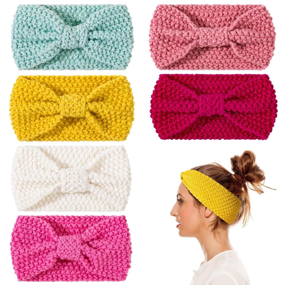 imageWhaline 6 Pieces Knit Headbands Winter Ear Warmers Elastic Turban Head Wraps with Crocheted Bow Knot Hair Band Accessories Hair Scrunchies Scarves for Women Girls Candy Colors