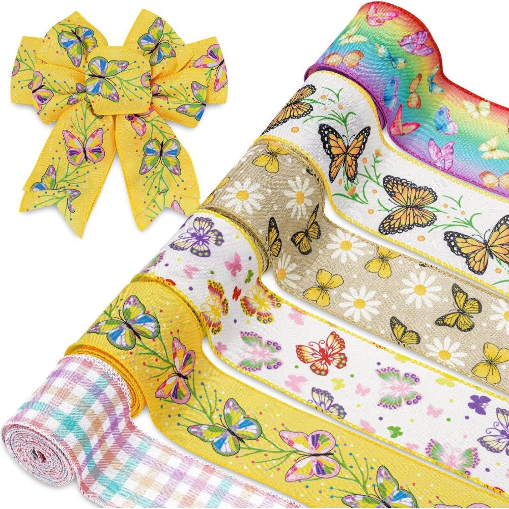 imageWhaline 6 Roll Butterfly Wired Edge Ribbon 36 Yards Colorful Butterfly Daisy Flower Plaids Craft Ribbon Spring Summer Farmhouse Fabric Ribbon for Gift Wrapping Hair Bow Sewing Wreath Crafts 25 Inch
