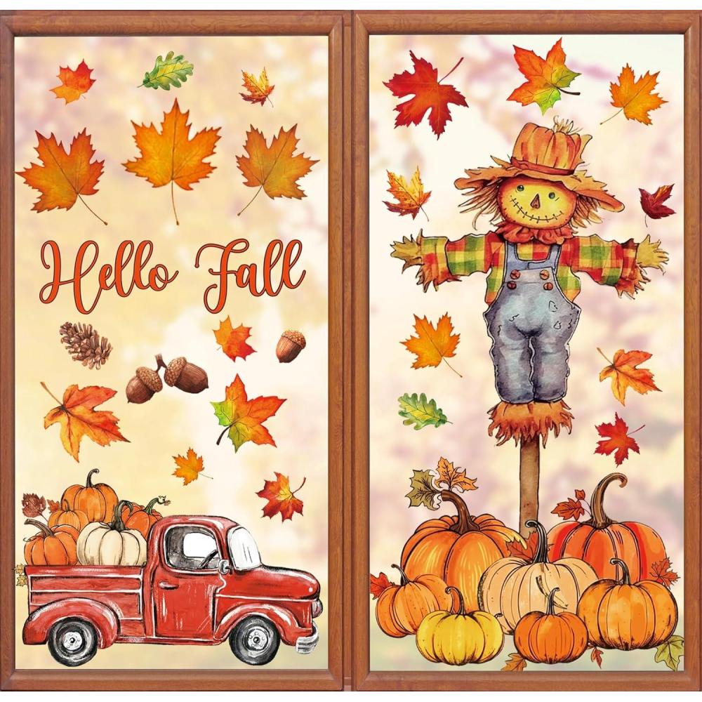 imageWhaline 6 Sheet Halloween Window Clings Black Orange Evil Scarecrow Pumpkin Truck Reusable Window Decals for Home Office School Glass DecorFall Scarecrow