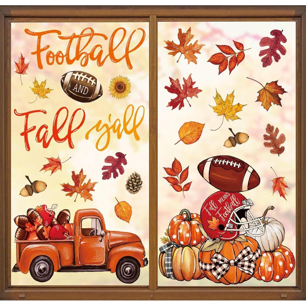 imageWhaline 6 Sheet Halloween Window Clings Black Orange Evil Scarecrow Pumpkin Truck Reusable Window Decals for Home Office School Glass DecorFootball and Fall Yall