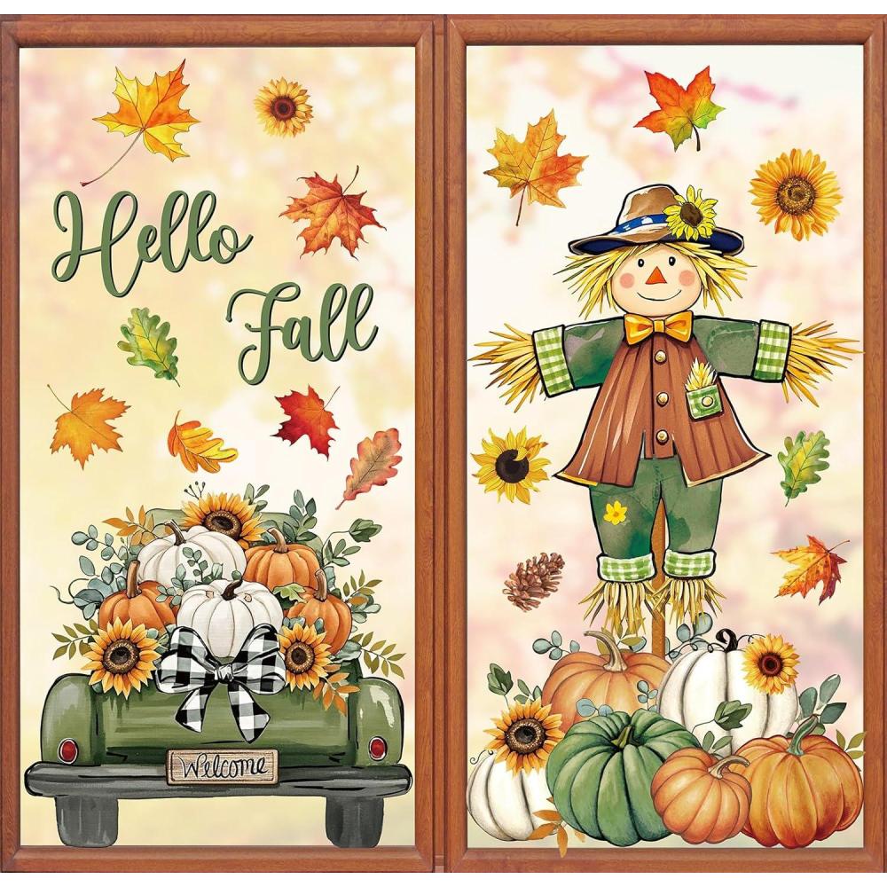 imageWhaline 6 Sheet Halloween Window Clings Black Orange Evil Scarecrow Pumpkin Truck Reusable Window Decals for Home Office School Glass DecorGreenOrange Scarecrow