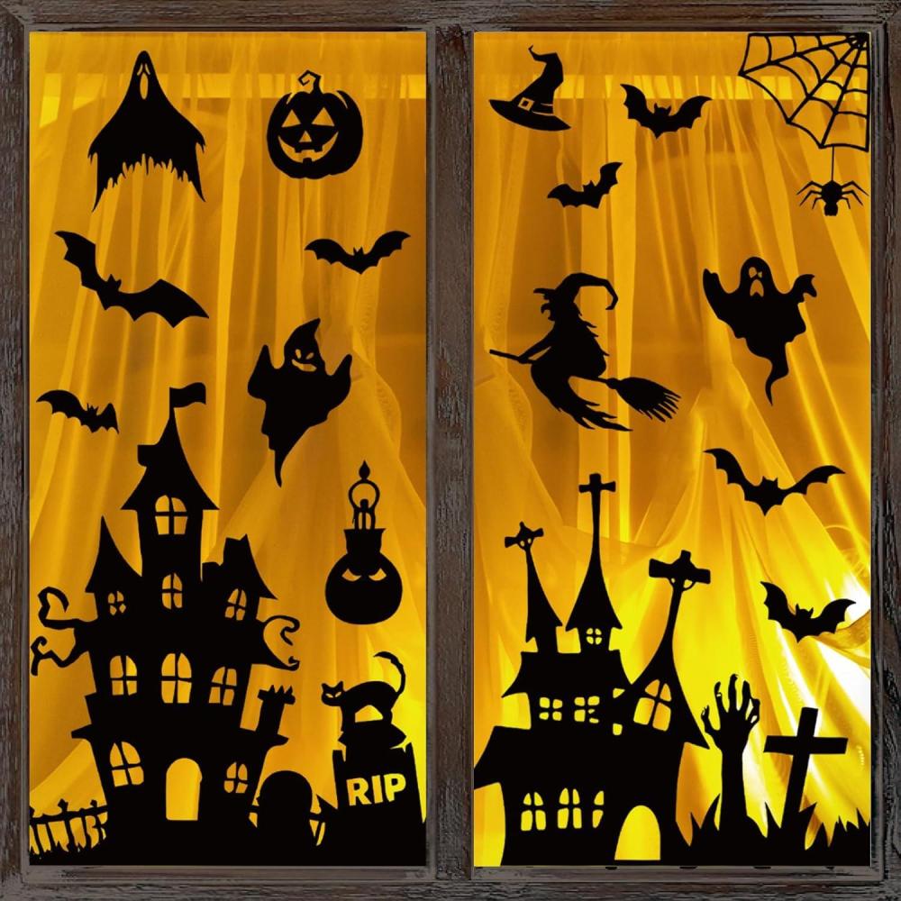 imageWhaline 6 Sheet Halloween Window Clings Black Orange Evil Scarecrow Pumpkin Truck Reusable Window Decals for Home Office School Glass DecorHalloween Silhoutte