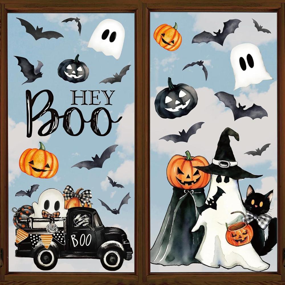 imageWhaline 6 Sheet Halloween Window Clings Black Orange Evil Scarecrow Pumpkin Truck Reusable Window Decals for Home Office School Glass DecorHey Boo