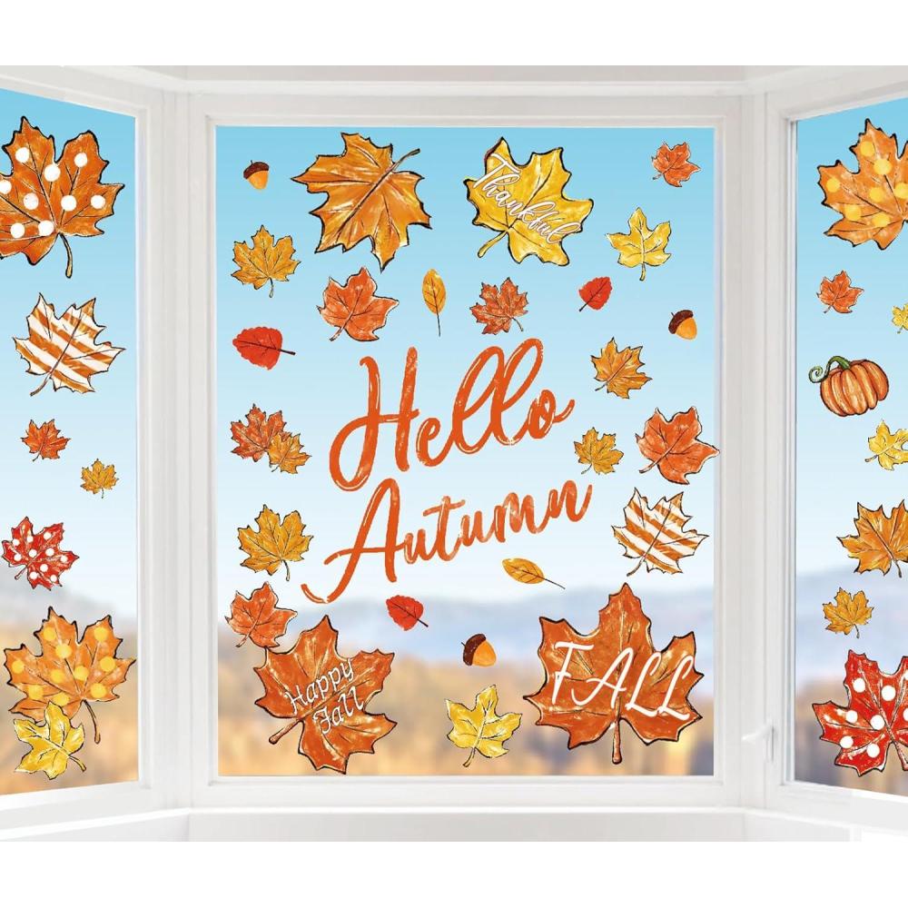 imageWhaline 6 Sheet Halloween Window Clings Black Orange Evil Scarecrow Pumpkin Truck Reusable Window Decals for Home Office School Glass DecorMaple Leaves