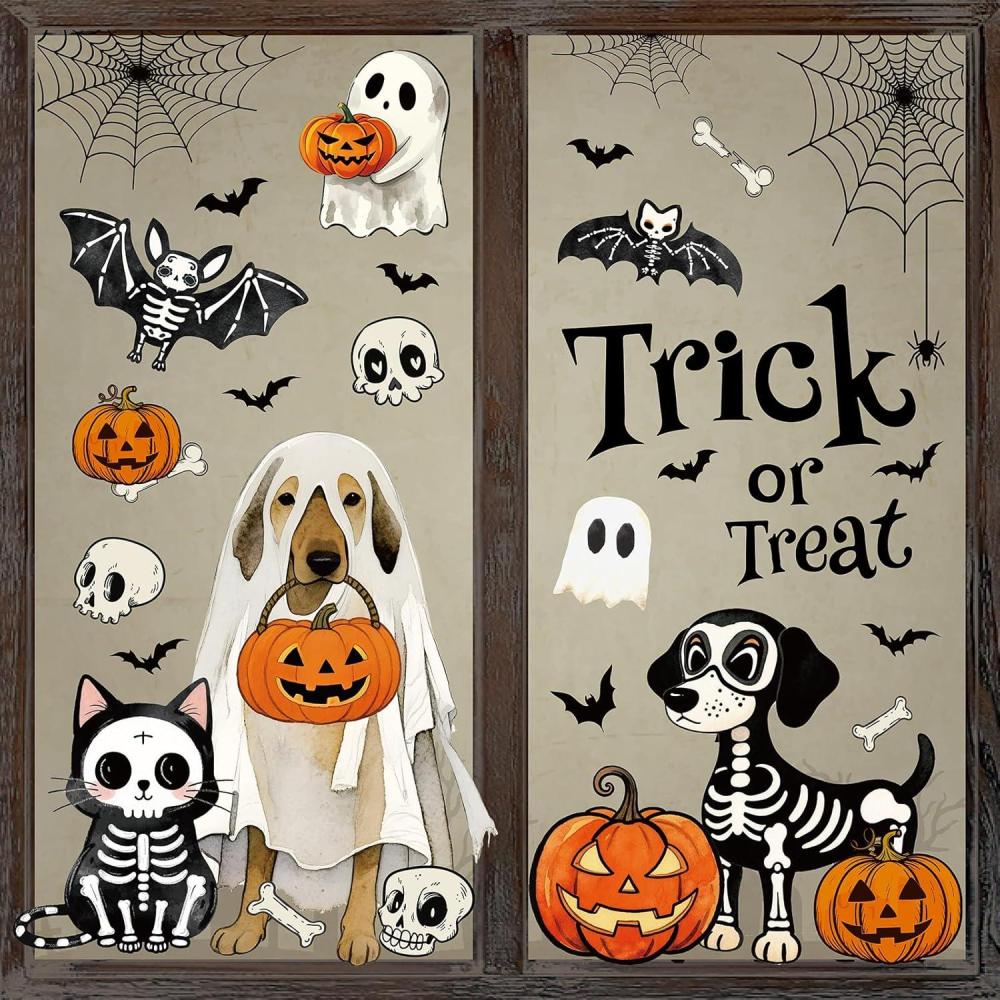 imageWhaline 6 Sheet Halloween Window Clings Black Orange Evil Scarecrow Pumpkin Truck Reusable Window Decals for Home Office School Glass DecorVintage Halloween