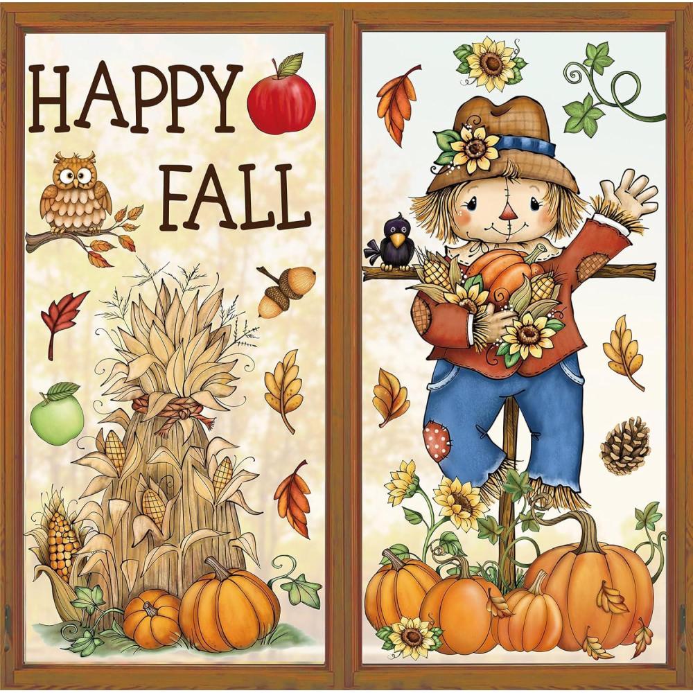 imageWhaline 6 Sheet Halloween Window Clings Black Orange Evil Scarecrow Pumpkin Truck Reusable Window Decals for Home Office School Glass DecorVintage Scarecrow