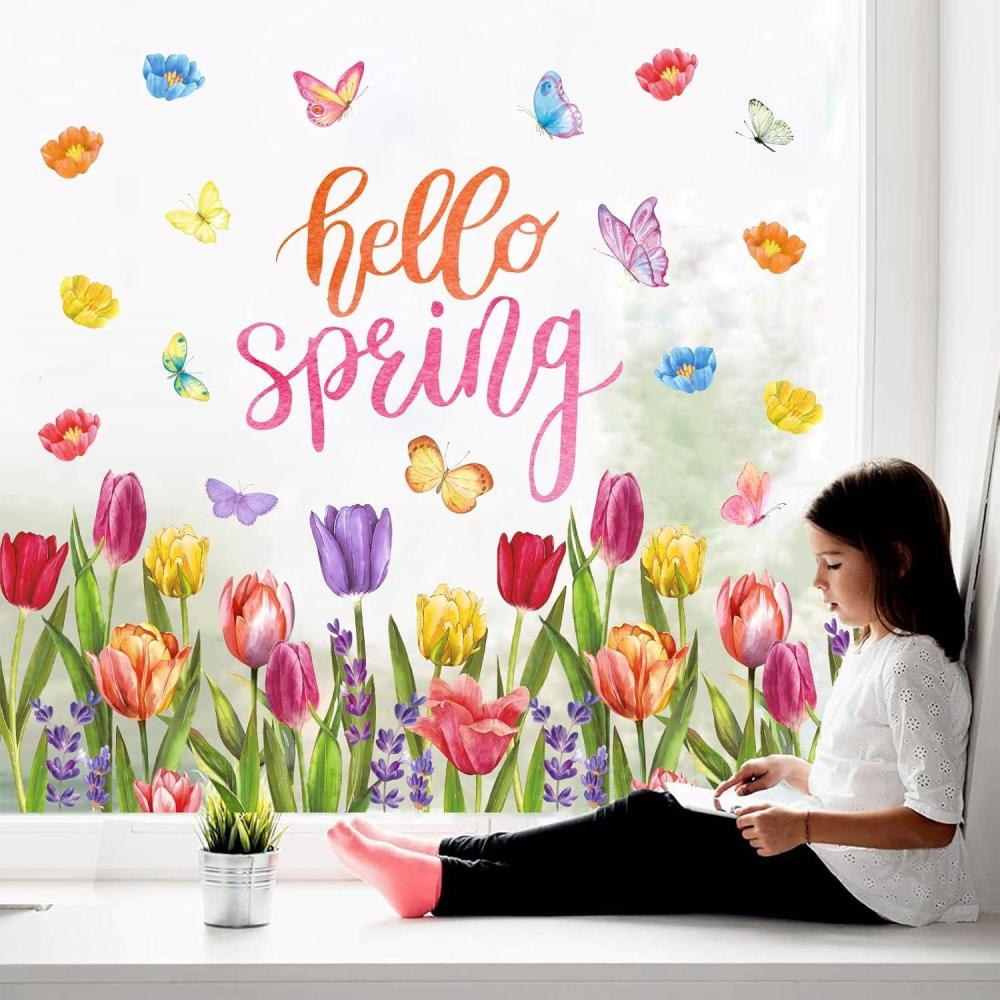 imageWhaline 6 Sheets Fall Floral Window Clings Watercolor Maple Leaves Sunflowers Window Decals DoubleSided Reusable Windows Stickers for Autumn Harvest Home School Office Thanksgiving Party SuppliesSpring Tulip