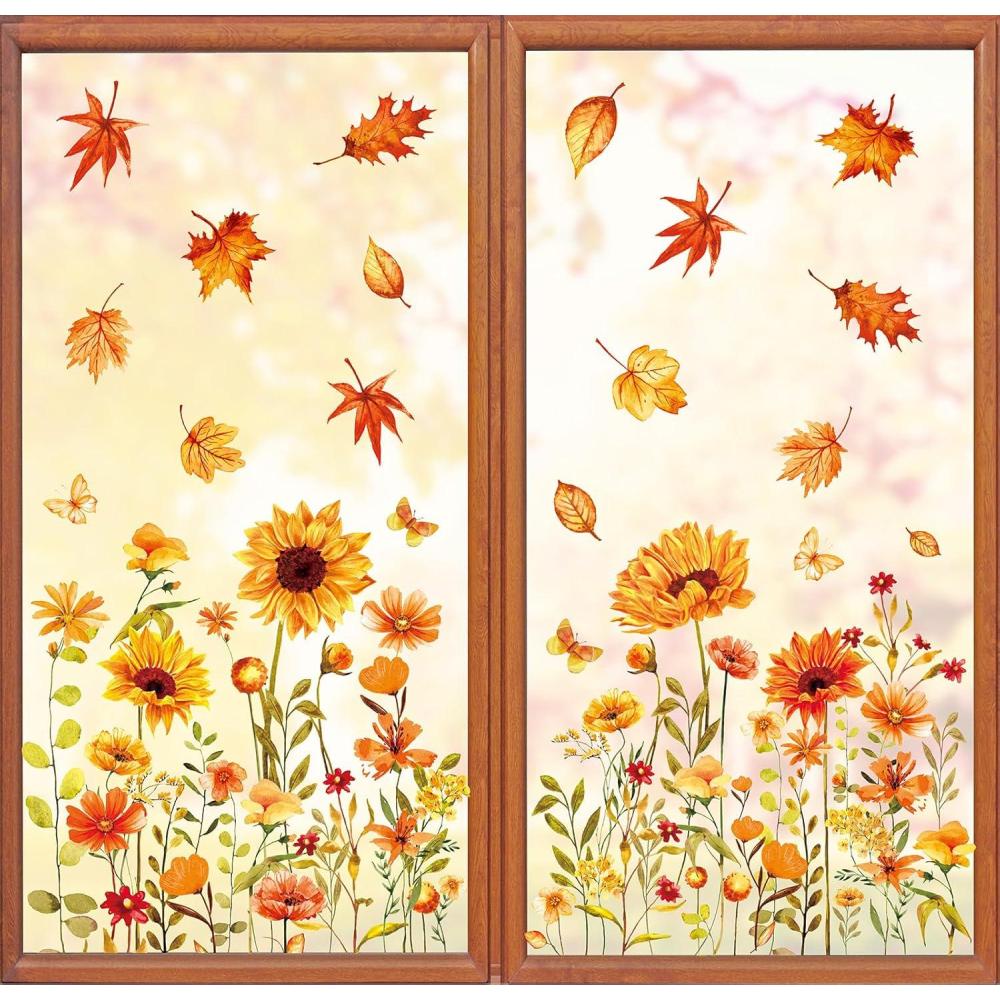 imageWhaline 6 Sheets Fall Floral Window Clings Watercolor Maple Leaves Sunflowers Window Decals DoubleSided Reusable Windows Stickers for Autumn Harvest Home School Office Thanksgiving Party SuppliesFall