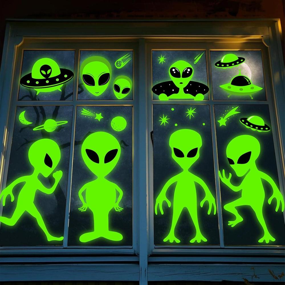 imageWhaline 6 Sheets Halloween Alien Window Clings Large Size Green Alien Flying Saucer UFO Theme Window Decals DoubleSided Removable for Halloween Decor Party SuppliesLarge Alien