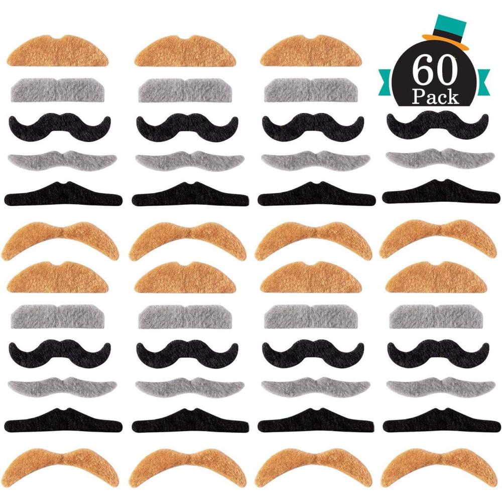 imageWhaline 60 Pieces Fake Mustache Self Adhesive Mustaches Halloween Costume Novelty Beard Realistic Stick for Party Supplies Birthday Party Costume Mexican Masquerade Performance 3 Color