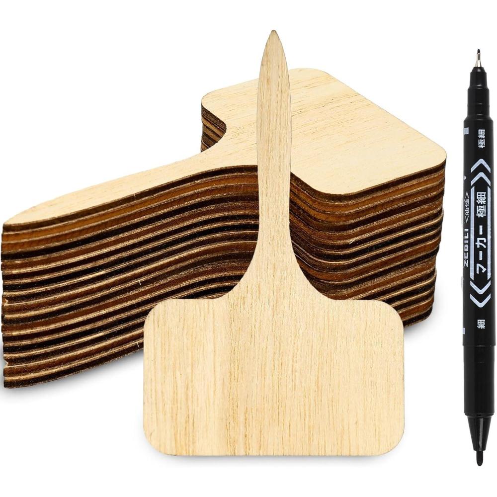 imageWhaline 60Pcs Bamboo Plant Labels with 1 Marker Pen EcoFriendly TType Wooden Plant Sign Tags Wood Garden Markers Decorative Garden Tags for Seed Potted Herbs Flowers Vegetables 65 X 10 cmTType 2