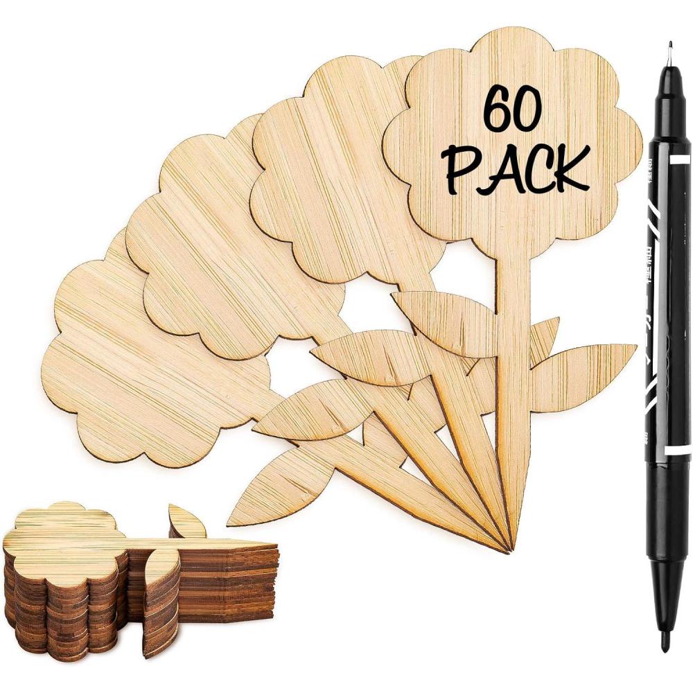 imageWhaline 60Pcs FlowerType Bamboo Plant Labels with 1 Marker Pen EcoFriendly Wooden Plant Sign Tag Wood Garden Marker Decorative Garden Tags for Seed Potted Herbs Flowers Vegetables 5 x 10 Cm