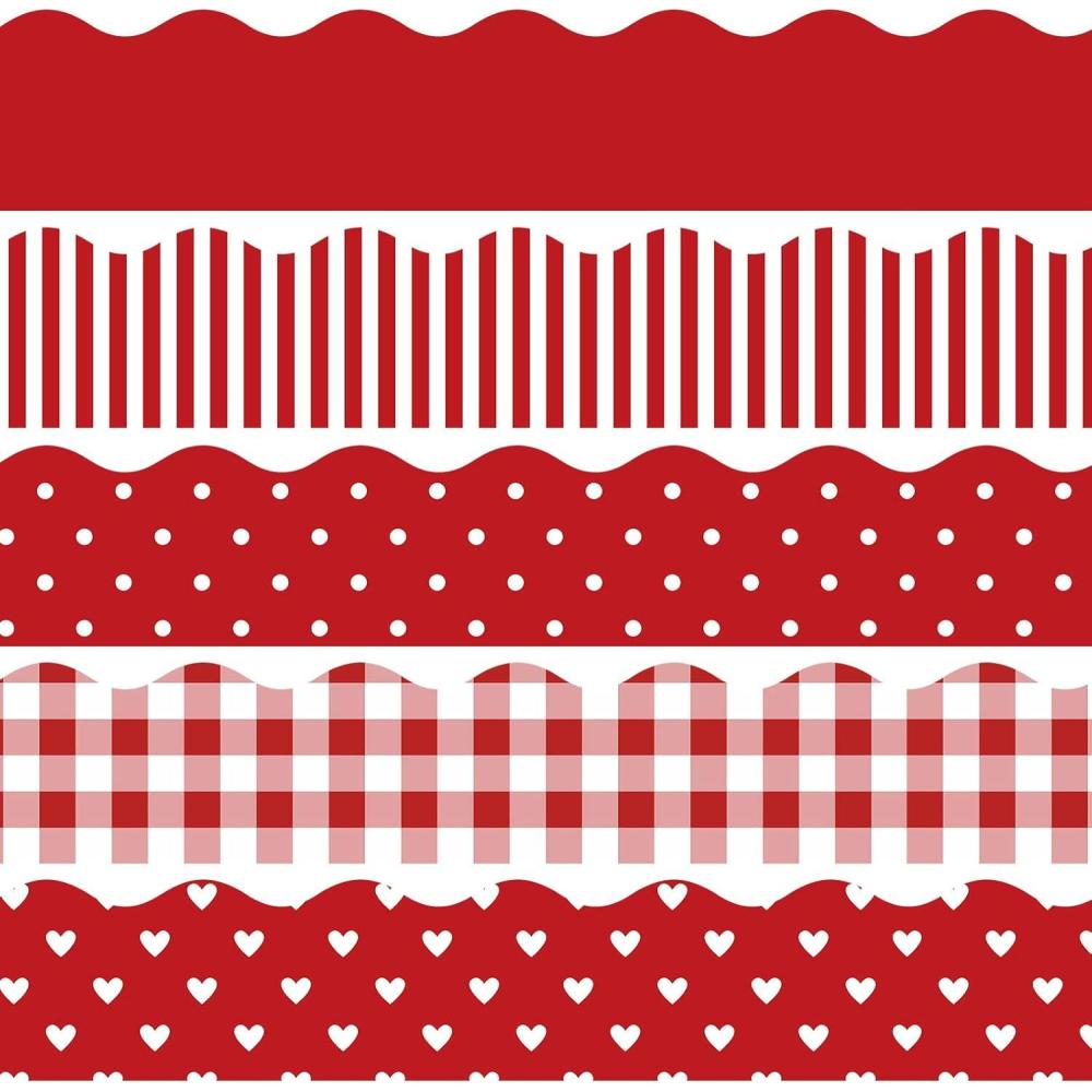 imageWhaline 69 Feet Valentines Day Bulletin Board Borders 5 Styles 60 Pieces Rolled Border Scalloped Border Heart Plaid Spot Stripe Red Bulletin Board Stickers for Decoration Party Home OfficeRed