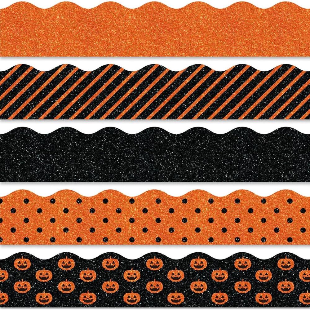 imageWhaline 69Ft Christmas Glitter Bulletin Board Borders 5 Designs Shine Stripe Dot Red Green Gold Merry Christmas Decoration Trim Bulletin Board Stickers for School Classroom Office Party DecorationHalloween Pumpkin