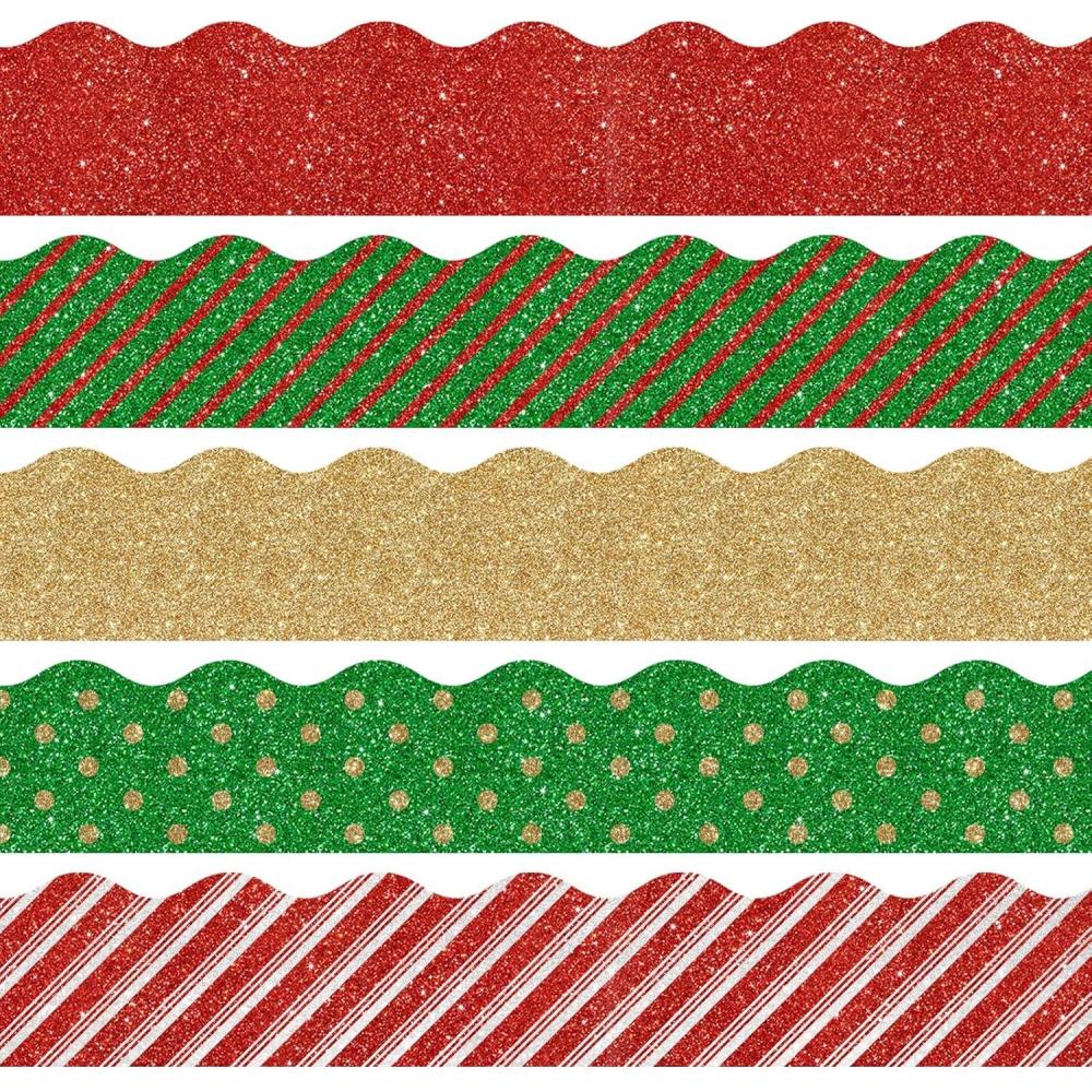 imageWhaline 69Ft Christmas Glitter Bulletin Board Borders 5 Designs Shine Stripe Dot Red Green Gold Merry Christmas Decoration Trim Bulletin Board Stickers for School Classroom Office Party DecorationChristmas