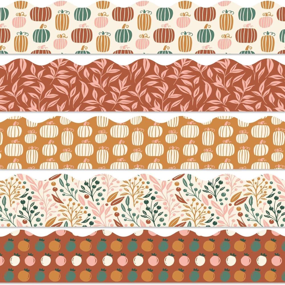 imageWhaline 69Ft Fall Boho Bulletin Board Borders Pumpkin Leaves Scalloped Border Trim Autumn Retro Bulletin Board Stickers for School Home Office Decor