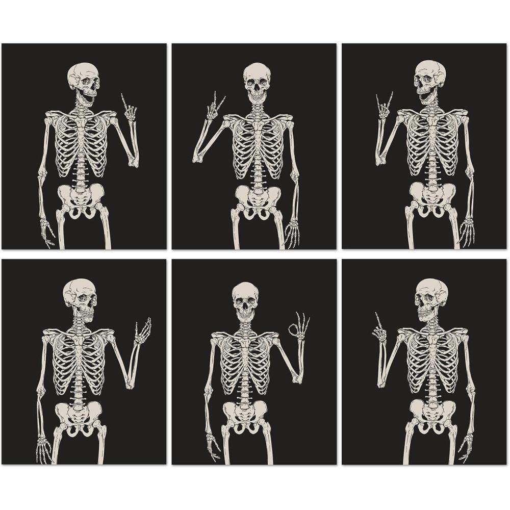 imageWhaline 6Pcs Halloween Skeleton Skull Wall Art Prints Black White Scary Skeleton Paper Art Posters Aesthetic Wall Decor for Halloween Home Gallery Living Room Bedroom 8 x 10 Inch Unframed
