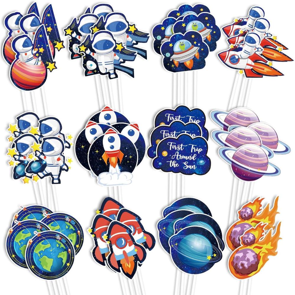 imageWhaline 72Pcs Preppy Cupcake Topper 12 Designs Pink Face Star Lightning Lips Cupcake Picks Preppy Boho Y2k Food Picks with Sticks Glue Point for Girl Birthday Bachelorette Party Supplies Cake DecorOuter Space Theme