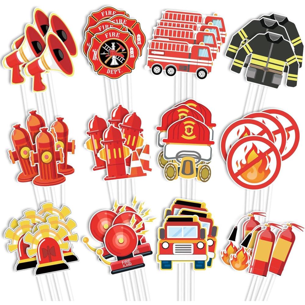 imageWhaline 72Pcs Preppy Cupcake Topper 12 Designs Pink Face Star Lightning Lips Cupcake Picks Preppy Boho Y2k Food Picks with Sticks Glue Point for Girl Birthday Bachelorette Party Supplies Cake DecorFireman Theme