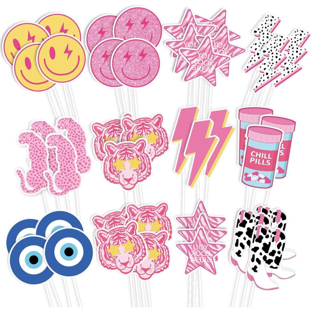 imageWhaline 72Pcs Preppy Cupcake Topper 12 Designs Pink Face Star Lightning Lips Cupcake Picks Preppy Boho Y2k Food Picks with Sticks Glue Point for Girl Birthday Bachelorette Party Supplies Cake DecorPreppy Theme