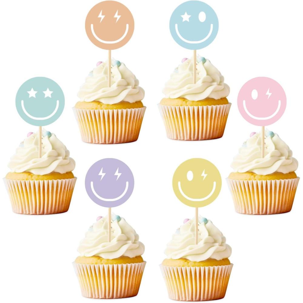 imageWhaline 72Pcs Preppy Smile Face Cupcake Toppers 6 Designs Paper Cake Decor Cute Cupcake Picks for Y2K Bachelorette Birthday Party Supplies Photo Booth Props