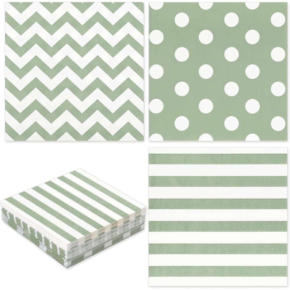 imageWhaline 75Pcs Halloween Paper Napkin 65 Inch Orange Black Stripe Wave Polka Dot Luncheon Napkins Geometric Disposable Dinner Napkins for Halloween Party Supplies Tabletop Kitchen DecorSage Green