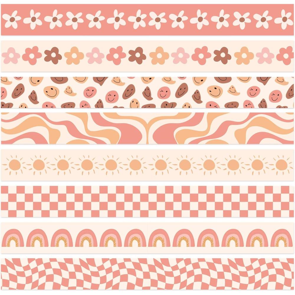 imageWhaline 82Ft Retro Groovy 70s Bulletin Board Borders Boho Flower Face Sun Rainbow Checkered Decoration Trim Border Pink Orange Boho Bulletin Board Stickers for School Classroom Office Party DecorChocolate Color