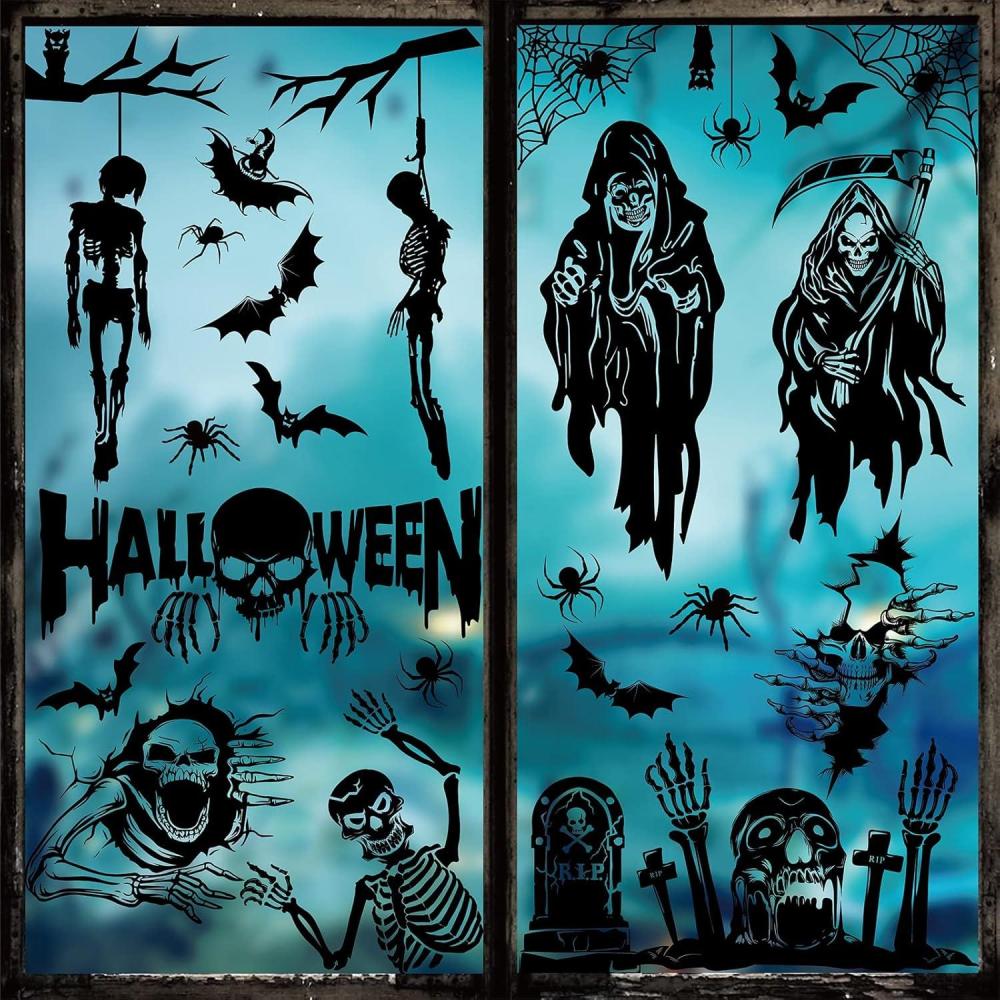 imageWhaline 9 Sheet Halloween Scary Skeleton Window Clings Ghost Bat Spider Tombstone Window Silhouette Decor DoubleSided Black Windows Decals for Halloween Home School Office Decoration Party Supplies