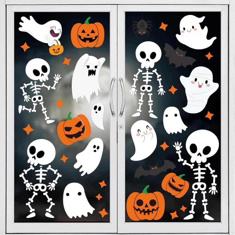 imageWhaline 9 Sheet Halloween Window Clings Cute Cartoon Ghost Pumpkin Skeleton Reusable Window Decals for Home Classroom Office Haunted Party DecorHalloween