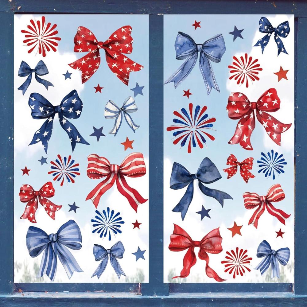 imageWhaline 9 Sheet Halloween Window Clings Cute Cartoon Ghost Pumpkin Skeleton Reusable Window Decals for Home Classroom Office Haunted Party DecorPatriotic Bow