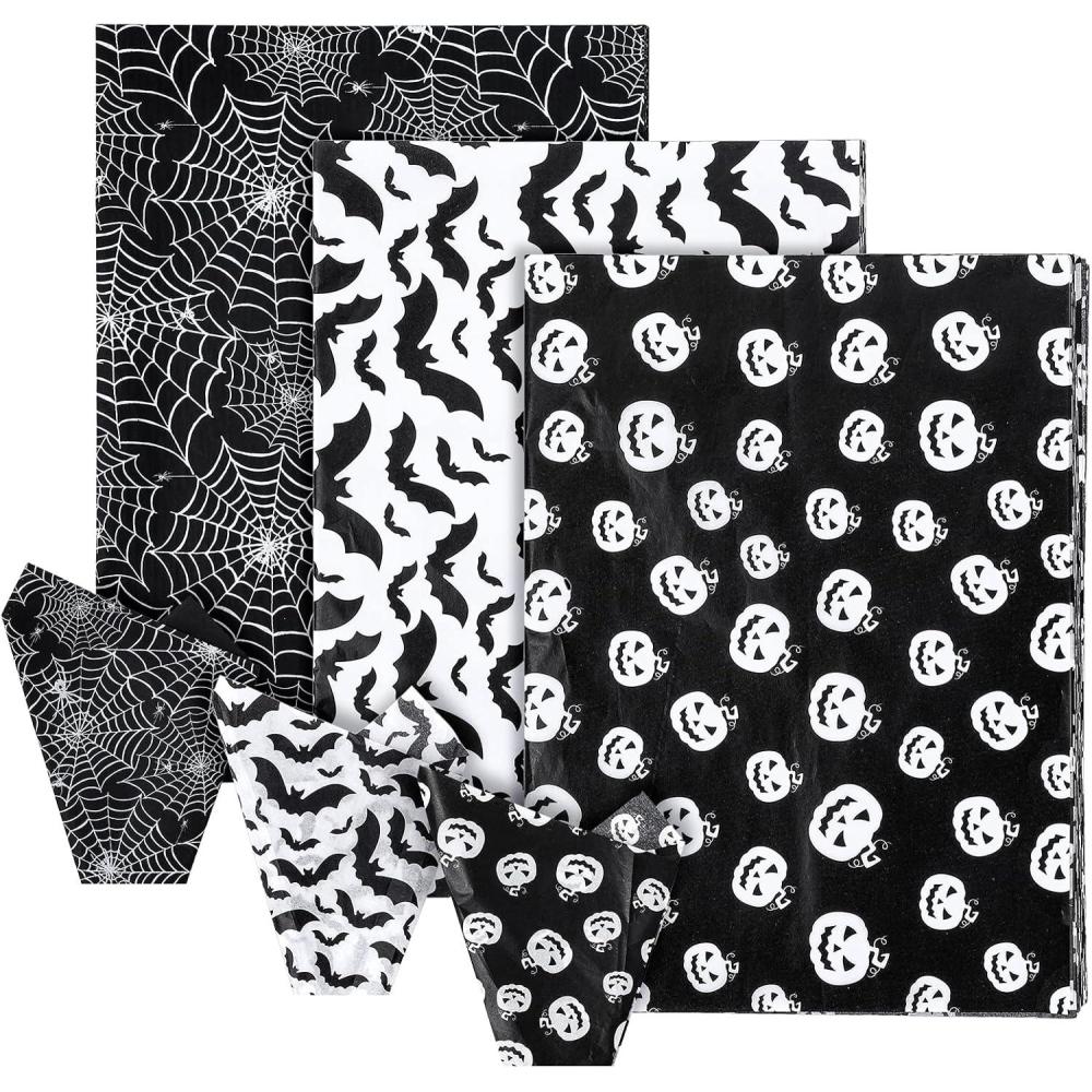 imageWhaline 90 Sheet Halloween Tissue Paper Black White Pumpkin Cobweb Bat Gift Wrap Tissue 197 x 138 Inch Scary Horror Decorative Wrapping Paper for Halloween Party DIY Craft Packing