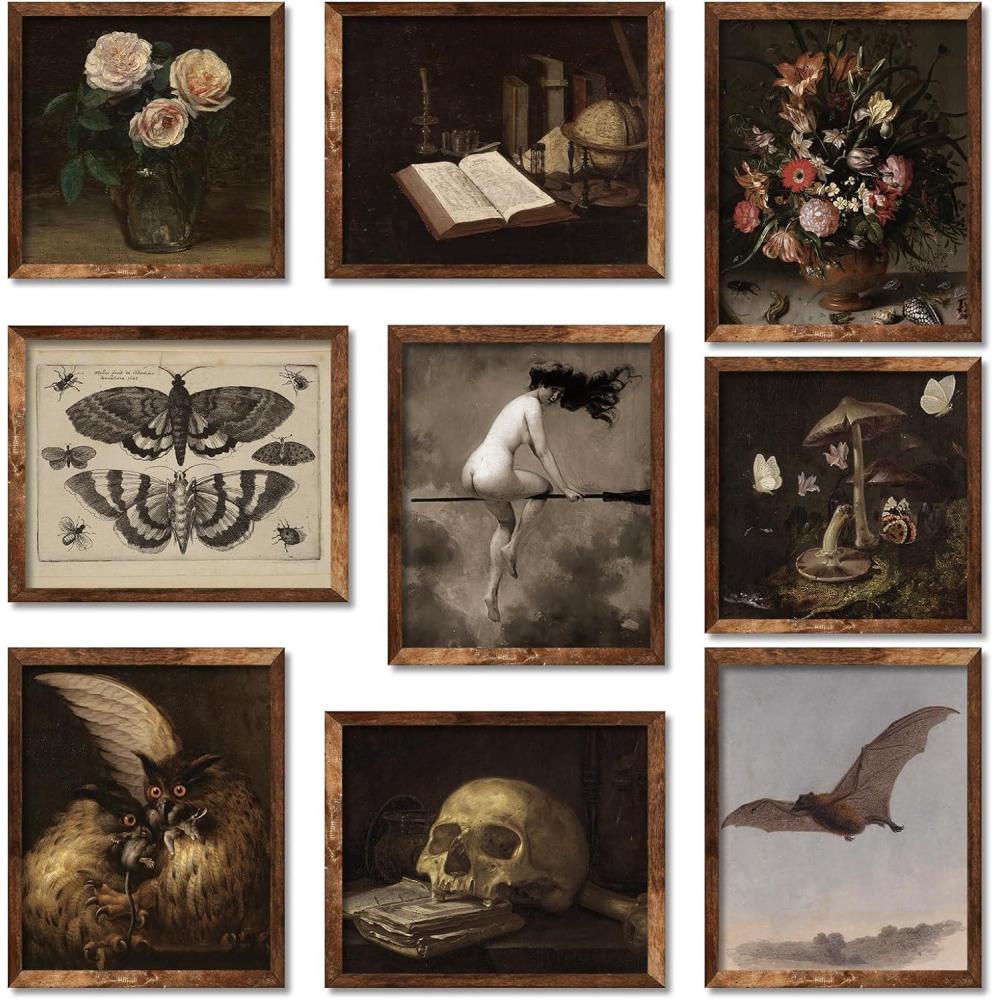 imageWhaline 9Pcs Dark Academia Wall Art Prints Vintage Halloween Wall Decor Witch on Broomstick Floral Skull Gothic Home Decor Wall Art for Halloween Gallery Wall Home Living Room Bedroom Decor UNFRAMED11 x 14 Inch
