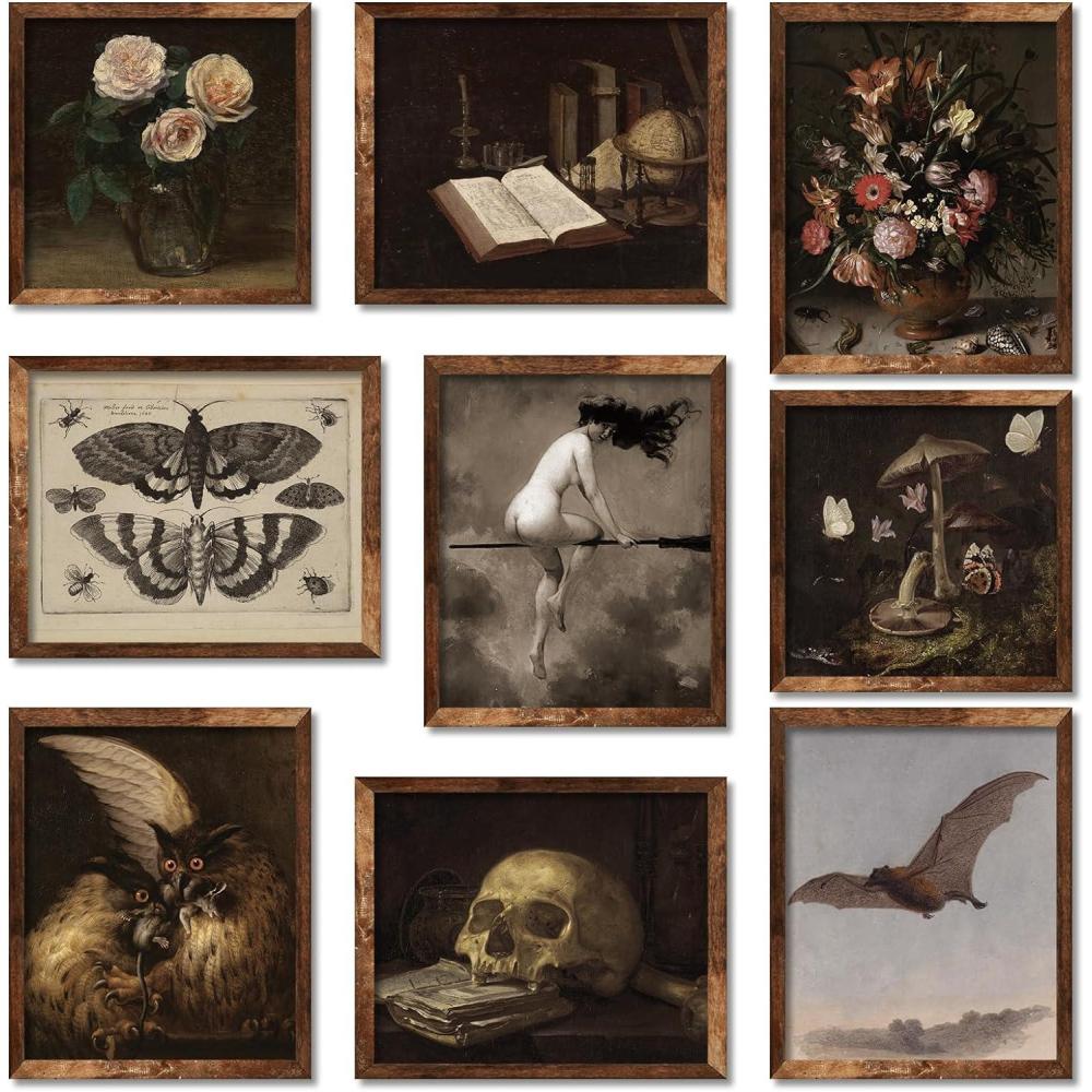 imageWhaline 9Pcs Dark Academia Wall Art Prints Vintage Halloween Wall Decor Witch on Broomstick Floral Skull Gothic Home Decor Wall Art for Halloween Gallery Wall Home Living Room Bedroom Decor UNFRAMED8 x 10 Inch